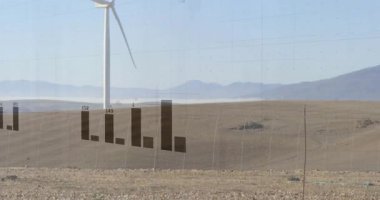 Çubuklar büyürken, çizelge dönerken ve ölçümleri göstermek için güncellerken türbin üzerinde oluşan üstüste çizelge. Enerji, sürdürülebilirlik, analitik, yenilenebilir, teknoloji, yenilik, veri görselleştirme