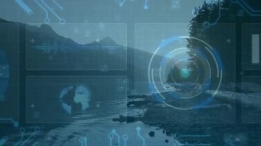 Sabah gölü ışıltısı tarayıcı atım yaparken ve paneller görsel veri yüklerken ızgara örtüsüne neden oluyor. Futuristik, teknoloji, arayüz, dijital, veri görselleştirme, soyut, manzaralı