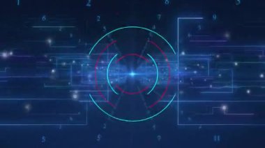 Parlak mavi parıltı dijital HUD grafik kaydırma çubuklarını etkinleştiriyor ve halka kavisleri veri akışını gösteriyor. Gelecek, teknoloji, arayüz, devre, animasyon, dijital, neon