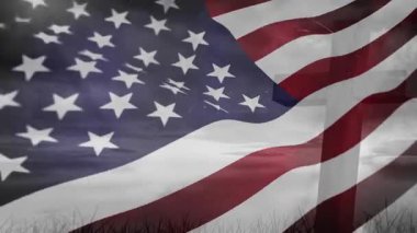 Amerikan bayrağının dalgalanan çizgilerini yakalayan ve çim ufkunun üzerinde haç siluetini açan rüzgar. Vatanseverlik, açık hava, sembolik miras, doğal, atmosferik, hareket