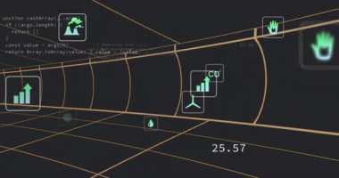 Şebeke tünelinde ilerleyen kamera, simgeler ve kodlar kayboluyor, çevresel verileri görselleştiriyor. Fütürist, dijital, çevre dostu, veri görselleştirme, teknoloji, yenilik, minimalist