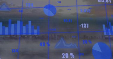 Veri akışı alınıyor, gösterge paneli pasta dilimlerini canlandırıyor, çubukları ayarlıyor ve veri eğilimlerini gösteren grafikler alınıyor. Kontrol paneli, analitik, görselleştirme, teknoloji, yenilik, gelecekçilik, kentsel