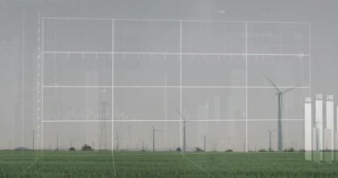 Çubuklarda soldan yükselen ızgara üzerinde rüzgar çiftliği üretimi artışını gösteren grafikler yükseliyor. Yenilenebilir, sürdürülebilirlik, enerji, teknoloji, çevre dostu, altyapı, çevre