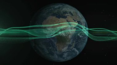 Yeşil parçacık dalgası sol taraftan ortaya çıkıyor ve enerji akışını göstermek için Dünya 'nın her tarafına yayılıyor. Gezegen, evren, görselleştirme, dijital alarm, kozmik, bilim, animasyon