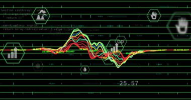 Renkli çizgiler üzerinde uçuyor şeritler birleşiyor, zirveleri değiştiriyor, simgeleri soluyor ve ölçümleri gösteriyor. Fütürist, dijital, canlı, analitik, yüksek teknoloji, veri görselleştirme, soyut