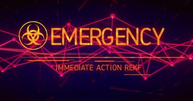 Ekranda biyolojik tehlike sembolü, EMERGENCY ve MEMEDIate Action REKEF metinleri ile grafik gösteriliyor. Tehlike, alarm, siber, geleceksel, teknoloji, uyarı, ağ