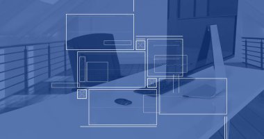 Çatı katındaki bilgisayar kurulumu, defter, akıllı telefon ile masaların üzerinde UI kablo çerçeveleri gösteriliyor. Minimalist, teknoloji, yenilik, çalışma alanı, modern, üretkenlik, tasarım