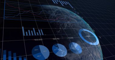 Ağ çizgileri ve çizelgeleri ile uzay ızgarasında yüzen aydınlatılmış Dünya küresi gösteriliyor. Teknoloji, veri, analitik, yenilik, fütürizm, bilimsel, dijital