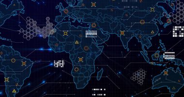 Sihirli kümeler, üçgen işaretleyiciler ve yol çizgileri ile konsol üzerinde neon çizgileri olan dünya haritası gösteriliyor. Küre, teknoloji, fütüristik, veri, dijital, görselleştirme, analiz