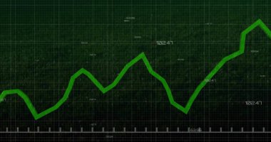 Siyah ızgara dijital ekranda dalgalanan yeşil çizgi grafiği, sayısal etiketlerle, beyaz kenelerle gösteriliyor. Analizler, veriler, finans, teknoloji, görselleştirme, dijital, büyüme