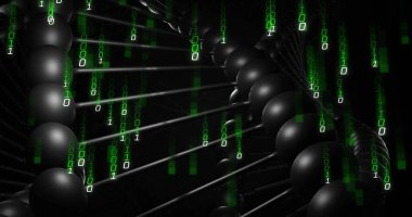 Siyah küreler, çubuklar ve düşen yeşil çift haneli rakamlarla uzayda süzülen çift sarmal. Gelecek, teknoloji, dijital sanat, bilimsel, yenilik, soyut, genetik