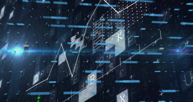 Sanal ızgarada beyaz çizgi grafiğini gösteren şeffaf 3D küp, mavi çubuklu, kod sembollü. Futuristik, veri görselleştirme, teknolojik, dijital, soyut, analitik, modern