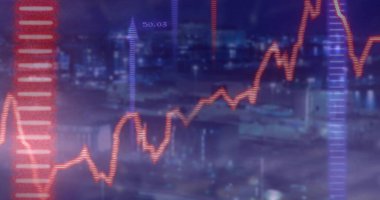 Gece limanı silueti yansımaları, kırmızı çizgi, mor çubuklar, 50.03 etiketli ok. Finansal, analitik, dijital, teknoloji, kentsel, veri görselleştirme, fütüristik