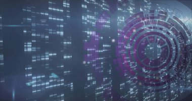 Piksel veri akışları ve ışık matrisleri ile arayüz içinde dairesel HUD örtüşmesi gösteriliyor, boşluğu kopyala. Futuristik, teknoloji, arayüz, dijital, veri görselleştirme, soyut, siber