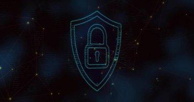 Sanal ağ hatlarında asma kilit ikonu ve veri düğümleriyle parlayan turkuaz noktalı kalkan. Siber güvenlik, dijital, fütürist, koruma, teknoloji, ağ, güvenlik