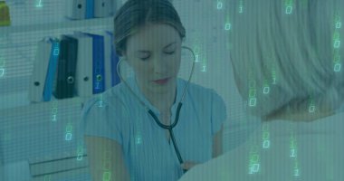 Doctor in scrub top listening to patient with stethoscope in clinic, with binders and code overlay. Healthcare, digital, professionalism, consultation, technology, medical, examination
