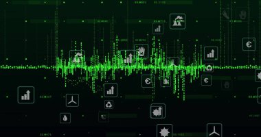 Showing dark screen with green waveform on dashboard, with financial and renewable icons. Monitoring, analytics, visualization, technology, sustainability, data, progress
