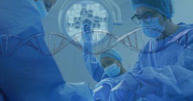 Surgeon wearing scrubs operating with tools in operating room under light, DNA overlay, copy space. Medical, healthcare, research, technology, innovation, clinical, professional