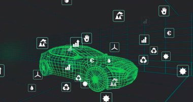 Yüzen eko metrik simgeleriyle, koyu şebeke boşluğunda yeşil kablo araba modeli gösteriliyor. Gelecekçi, teknoloji, sürdürülebilirlik, veri görselleştirme, otomotiv, dijital, çevre dostu