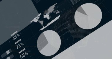 Dünya haritası, pasta grafikleri ve PHL etiketleri ile dijital ekranda bilgi aktarımı, kopyalama alanı. Teknoloji, veri analizleri, görselleştirme, gösterge paneli, zeka, ağ, içgörü