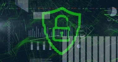 Yüzen yeşil kalkan, çubuk çizelgeleri ve ağ ızgarası olan asma kilit simgesini torpido gözünde gösteriyor. Siber güvenlik, veri koruması, dijital güvenlik, ağ analizi, bilgi güvenliği, şifreleme, finansal teknoloji