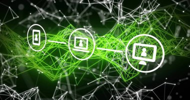 Siber uzayda yüzen beyaz telefon, dizüstü bilgisayar ve masaüstü simgeleri, yeşil ağ çizgileri, düğümleri. Teknoloji, bağlantı, dijital, yenilik, siber alan, veri, ağ