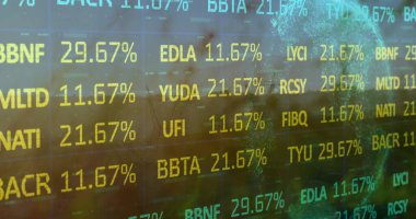 Ofisteki yüzdeleri gösteren dijital panelin ufuk çizgisi su yansımaları. Teknoloji, veri, analitik, fütüristik, yenilik, finansal, modern