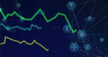 Gösterge paneli görselleştiriliyor koyu mavi ızgara üzerinde eğilim çizgileri, birbirine bağlı altıgen simgelerle. Veri, analiz, görselleştirme, dijital, teknoloji, arayüz, gösterge paneli