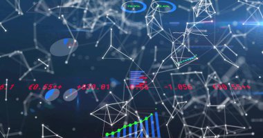 Beyaz düğümleri turta ve çubuk grafikleriyle parlayan kablo arayüzüne bağlayan ağ görüntüleniyor. Fütüristik, teknoloji, veri, analiz, görselleştirme, dijital, soyut