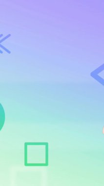 Mor ve yeşil arka planda soyut şekiller üzerine beyaz iş kadını animasyonu. İş ve profesyonel konsept dijital olarak oluşturulmuş video.