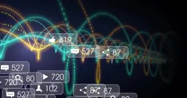 Boşlukta sürüklenen küçük deniz mavisi ve altın noktalar ölçümleri gösteren sosyal simgelerin oluşturduğu dalga formları. Dijital, soyut, bağlantı, fütüristik, veri, görselleştirme, yenilik