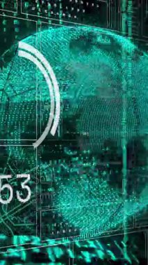 Dünya üzerinde veri işleme animasyonu. Teknoloji, iş ve dijital arayüz kavramı dijital olarak oluşturulmuş video.