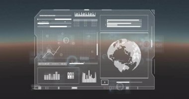 Çubuklar dolduruluyor, UI panel canlandırma çizgi grafiği, dönen dünya, veri göstermek için çubuk çizelgeleri ekleniyor. Fütüristik, veri görselleştirme, holografik, dijital, teknoloji, arayüz, yenilik