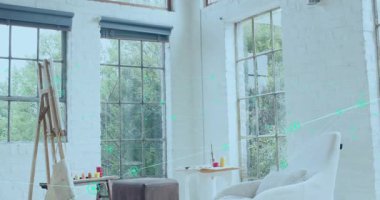 Düğümler sehpa pencerelerinde beliriyor, kaybolmadan önce sehpanın etrafına bağlanıyor, stüdyoda ağı gösteriyor. Yaratıcı, soyut, organik, canlı, ilham verici, modern, atmosferik