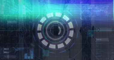 Canlandırılmış dairesel arayüzü çalıştırırken dönen yay taraması sistem kurtarma için titreşen statik. Teknoloji, arayüz, animasyon, siber güvenlik, veri, fütürist, dijital