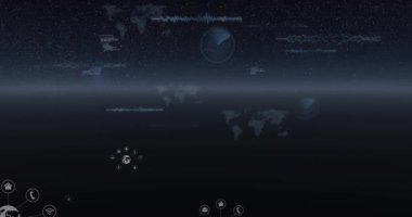 Siyah uzayda farklı verilerin üzerine dünya simgelerinin animasyonu. veri işleme, teknoloji ve dijital arayüz kavramı dijital olarak oluşturulmuş video.