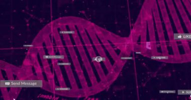 Kod akışları DNA sarmalını döndürürken ortam etiketleri çarpışmayı gösteriyor. Dijital, teknolojik, geleceksel, ağ, bağlantı, yenilik, siber