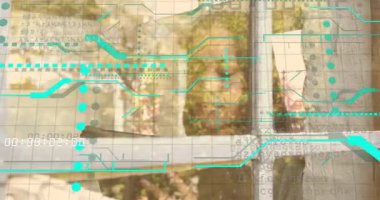 Mid-adult woman touching windowpane as digital lines activating tech overlay for garden insights. Futuristic, connectivity, innovation, technology, urban, introspection, digital