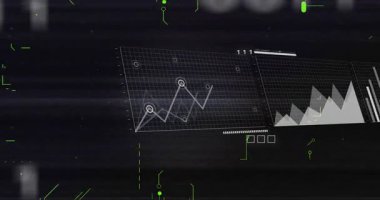 Grid plane opening and panel fading causing panels emerging charts animating, pulsing for data sync. Technology, data visualization, digital interface, analytics, futurism, cybernetics, animation
