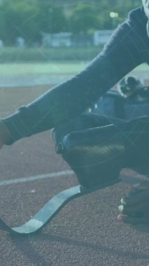 Animation of digital interface over african american man with a physical disability running. global science, connections, data processing and digital interface concept digitally generated video.