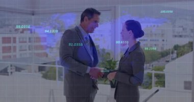 Man leaning forward shaking hands with woman starting business deal with floating data overlays. Corporate, collaboration, negotiation, professional, modern, skyline, teamwork