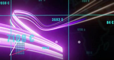 Neon ribbons initiating grid while bars growing, lines animating visualizing currency  and  temperature. Futuristic, vibrant, abstract, technology, analytics, dashboard, digital