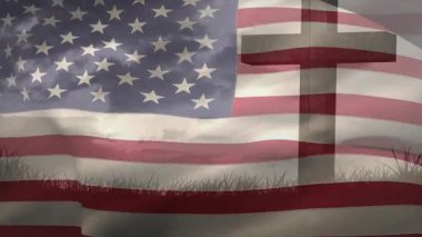 Translucent American flag draping frame over wooden cross rising from grass, rippling in breeze. Patriotism, memorial, reverence, serenity, rustic, symbolic, heritage