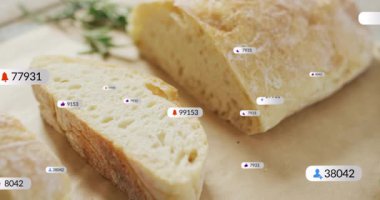 On notification, digital labels floating, sliding and fading over bread for showing social feedback. Rustic, artisanal, digital, social, minimalistic, warm, textured