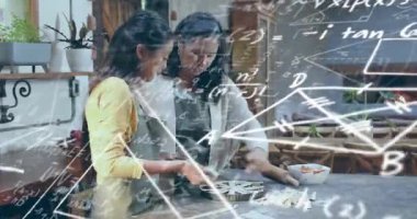 Mother pointing, daughter cutting dough in cooking, weaving lattice as diagrams showing precision. Culinary, teamwork, rustic, tradition, craftsmanship, warmth, education