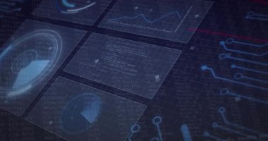 Thin red scan line entering from top sweeping over holographic panels updating data visuals. Futuristic, technology, visualization, digital, interface, analytics, innovation