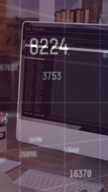 A man sitting at a desk and watching coding data processing on a computer screen. Global business finances connections and digital interface concept digitally generated video.