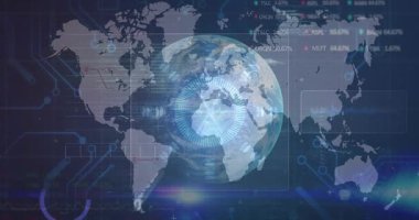 Animation of globe, data processing over world map. global business, finances, connections and data processing concept digitally generated video.
