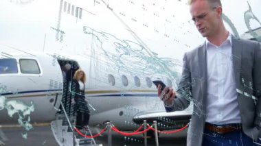 Executive scrolling smartphone activating map overlay, team descending jet stairs preparing arrival. Luxury, business, networking, technology, corporate, global, professional