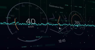 Dark dashboard appearing then gauge rising from9km or h to100km or h then dropping visualizing progress. Technological, digital, futuristic, high-tech, data visualization, innovation, motion